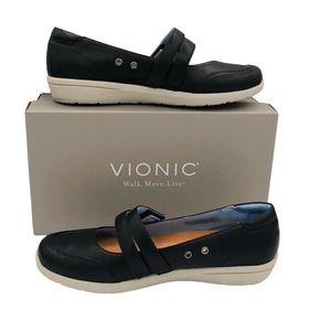 Vionic Size 7.5 Wide Magnolia Cala Black Leather Mary Jane Flat Shoes